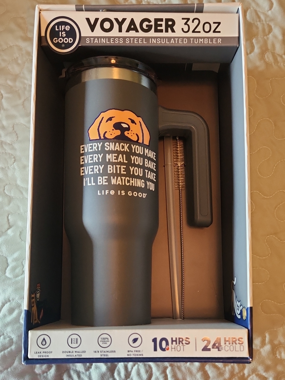 Life Is Good Gray Voyager 32oz Tumbler Dog Graphic